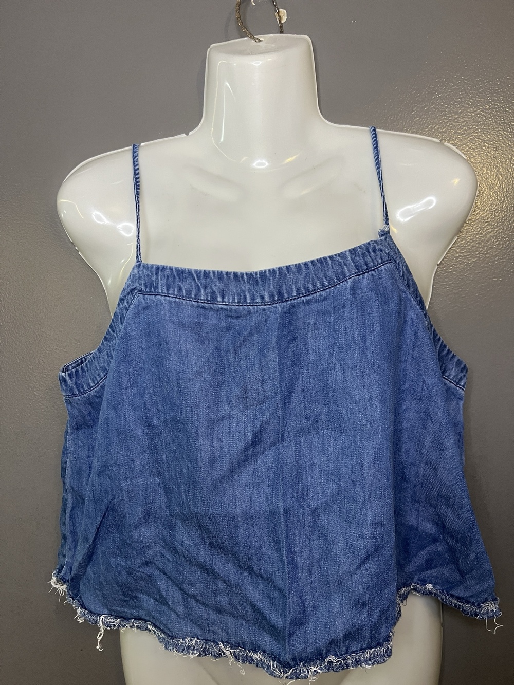LOFT Tank Top Womens Medium Blue Denim Square Neck Frayed Hem Cropped Cami